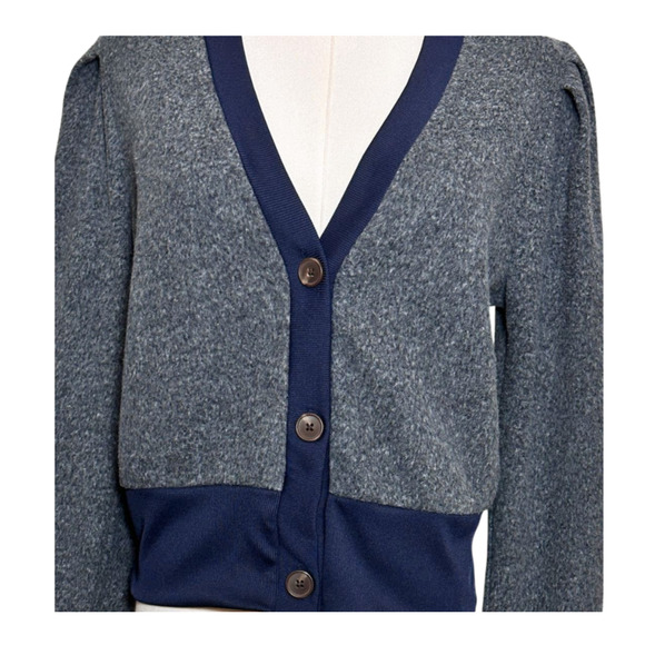 A New Day Gray Fleece Navy Blue Puff Sleeve 3 Button Cardigan Small Academia - Picture 2 of 7